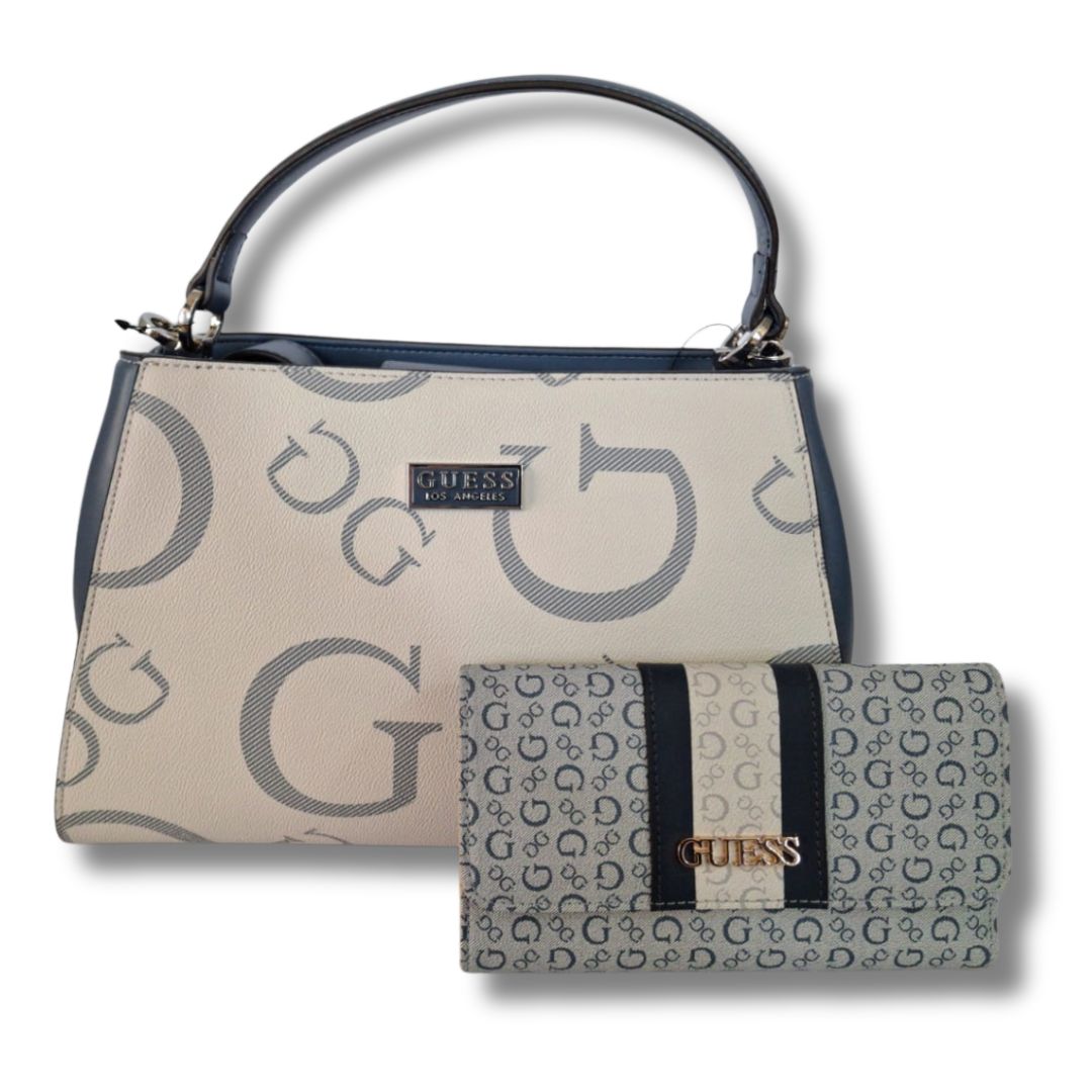 Blue and Cream Handbag and Purse Set