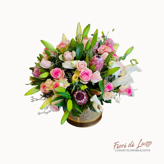Proteas, Roses and Lilies in a Luxury Hatbox