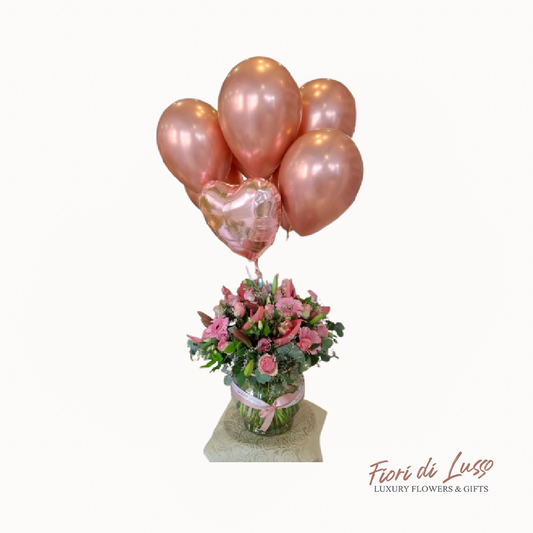 Pink Mixed Vase Arrangement With Balloons