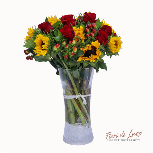 Sunflower & Red Rose Mixed Vase Arrangement