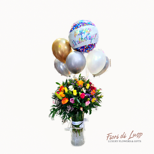 Happy Birthday Vase Arrangement With Balloons