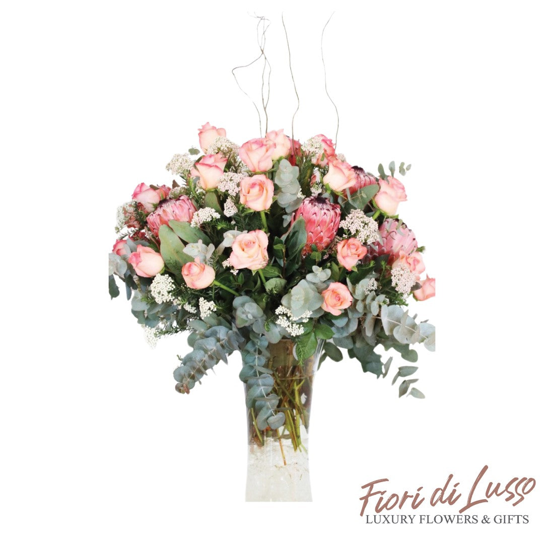 Pink Rose and Protea Vase Arrangements
